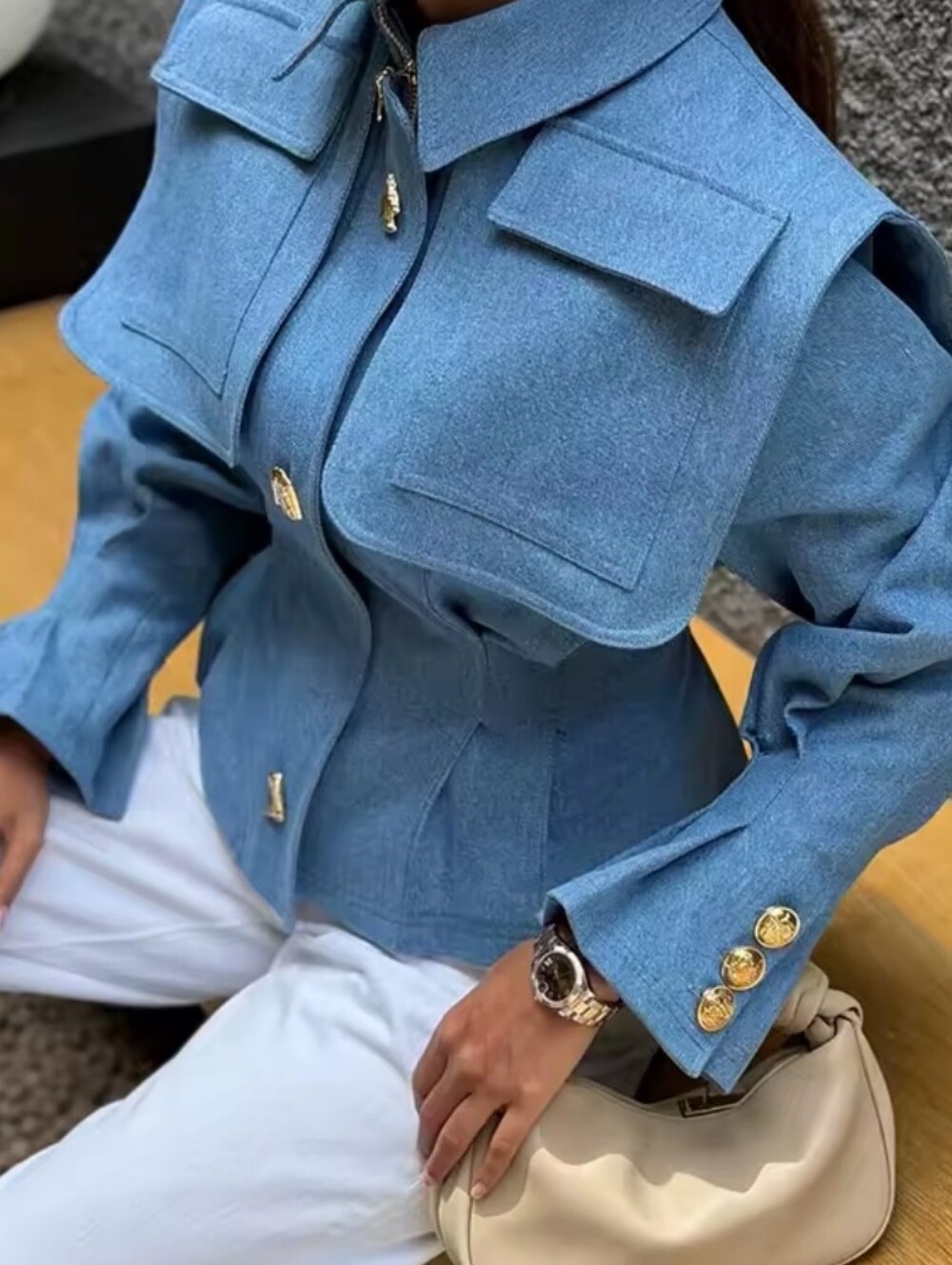 Women's Jacket Lapel Metal Button Waist Cinching Long Sleeve Short Coat Chic